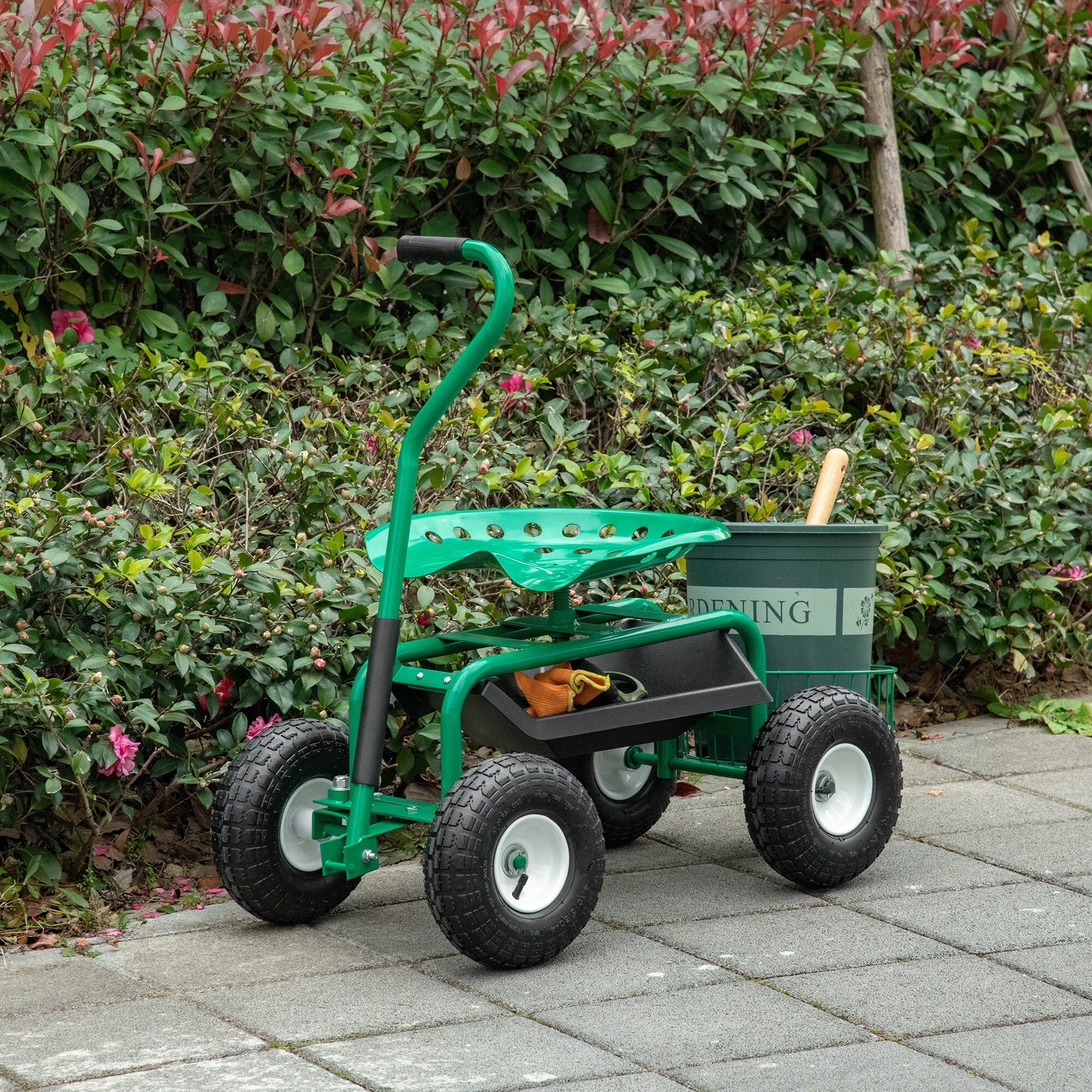 Outsunny Fahrbarer Gartensitz mit Gartengeräteablage grün 98L x 45B x 87H cm