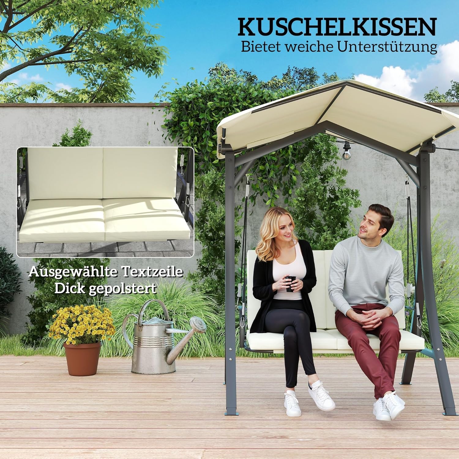 Outsunny Hollywoodschaukel mit verstellbarem Sonnendach Sitzauflage, 2-Sitzer Gartenschaukel belastbar bis 220kg, UV 30+ Schaukelbank für Garten, Terrasse, 150x120x182cm, Cremeweiß