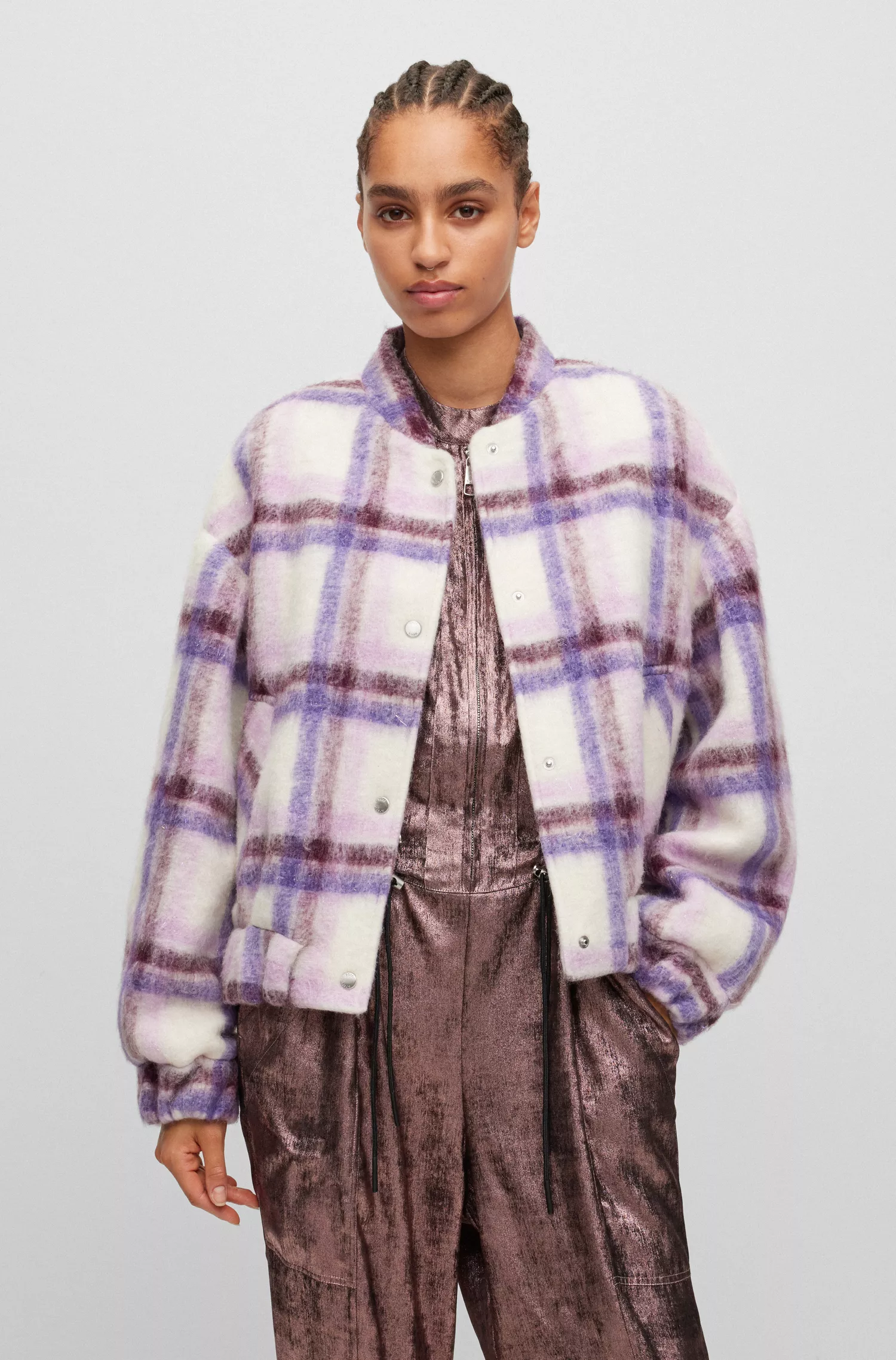 Jaqueta BOSS laranja de modelagem oversized em tecido xadrez.