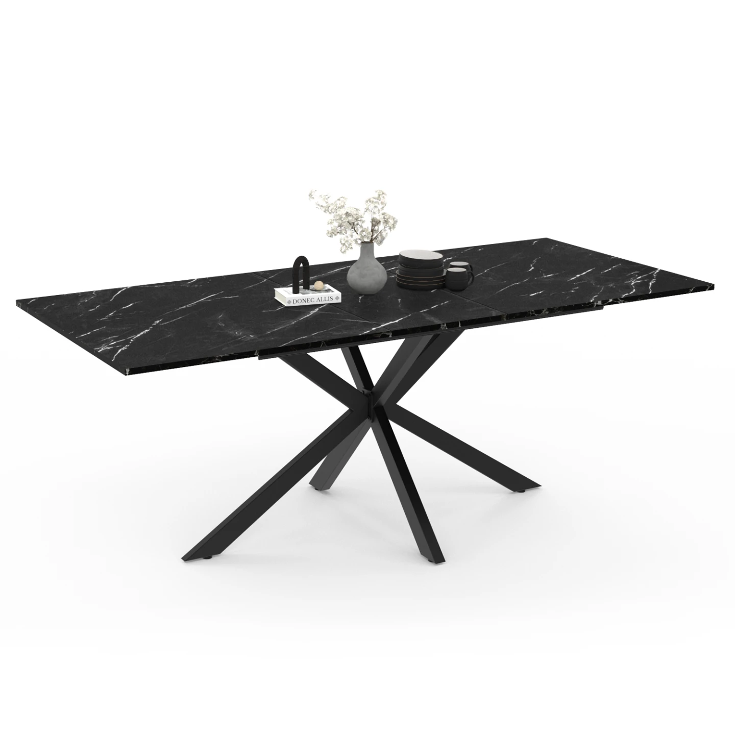 Table à manger extensible rectangle ALIX 6-10 personnes pied araignée noir et plateau effet marbre noir ALASKA 160-200 cm