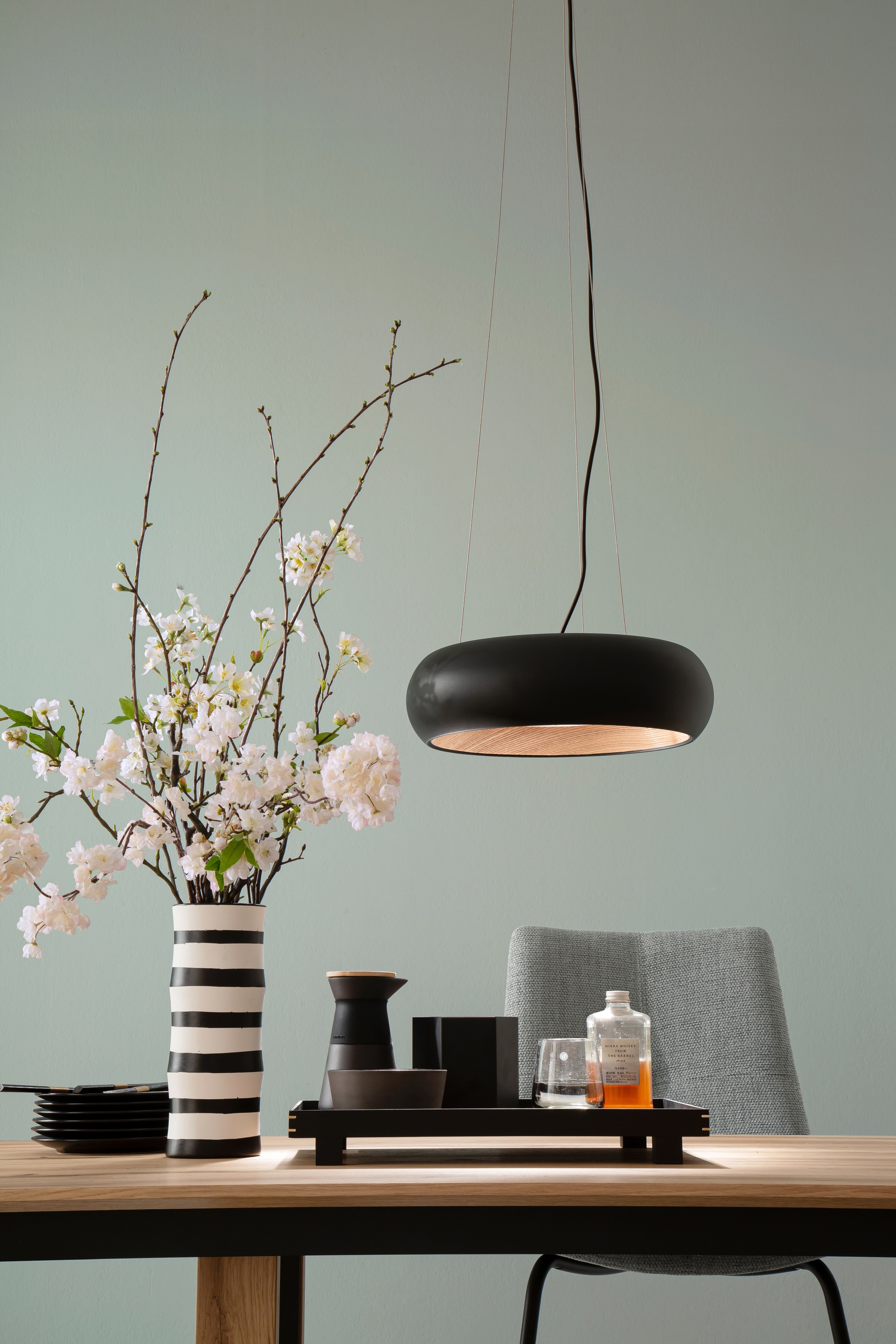 easy! by FHL LED Pendelleuchte Wood schwarz Buchedekor 40cm 150cm rund