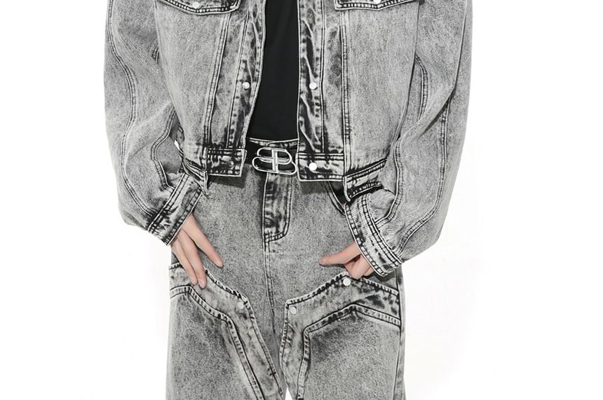 FAERIS - Gewassen spijkerjasje met knoopjes / Gewassen jeans met wijde pijpen en middelhoge taille