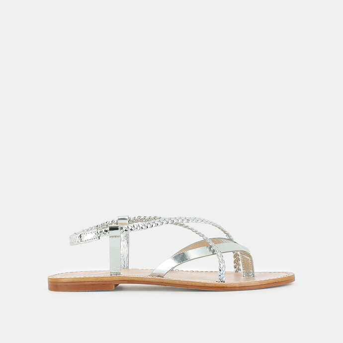 Sandales à brides tressées  en cuir metallisé argent