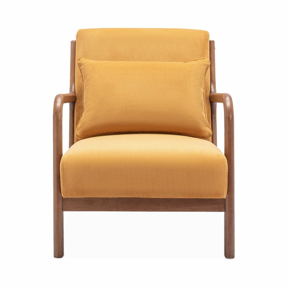 Fauteuil velours côtelé ocre. Pieds bois d'hévéa teinté noyer clair. 1 place droit fixe. Pieds compas scandinave. Structure en bois