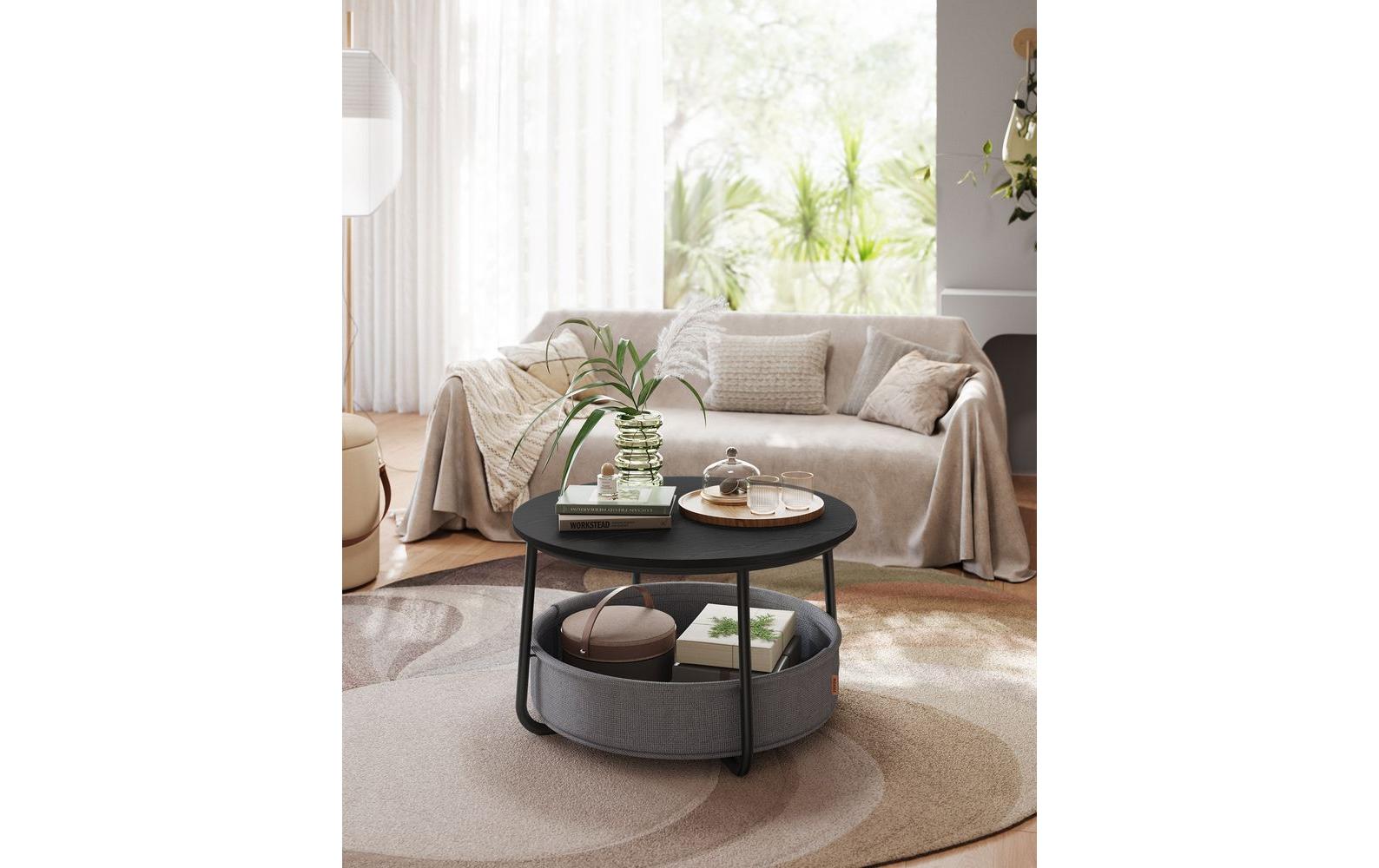 Couchtisch 75 x 45 cm, Grau/Schwarz<br>Wohnzimmertisch mit Ablage & Korb