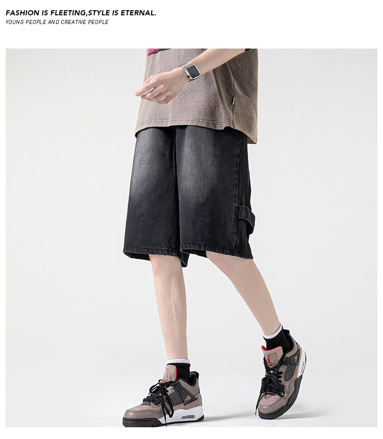 AXEN - High Waist Washed Wide Leg Denim Shorts