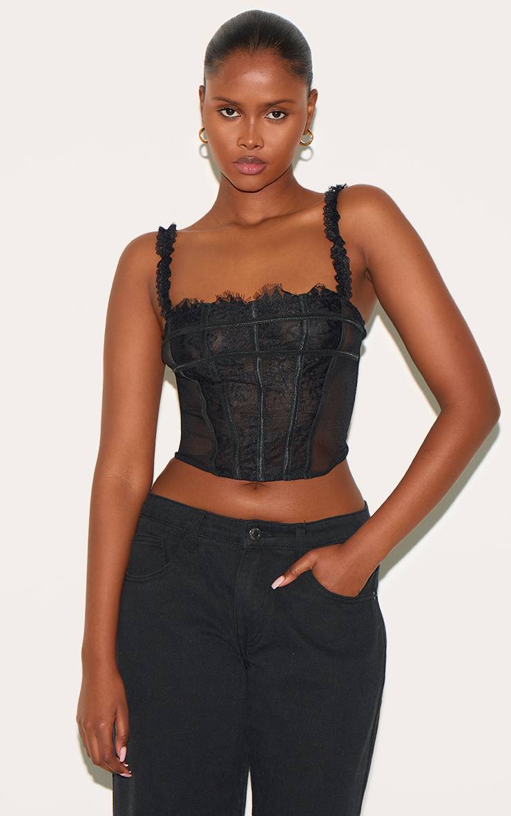 Noir Corset À Ourlet Courbé Avec Empiècements En Dentelle Et Maille