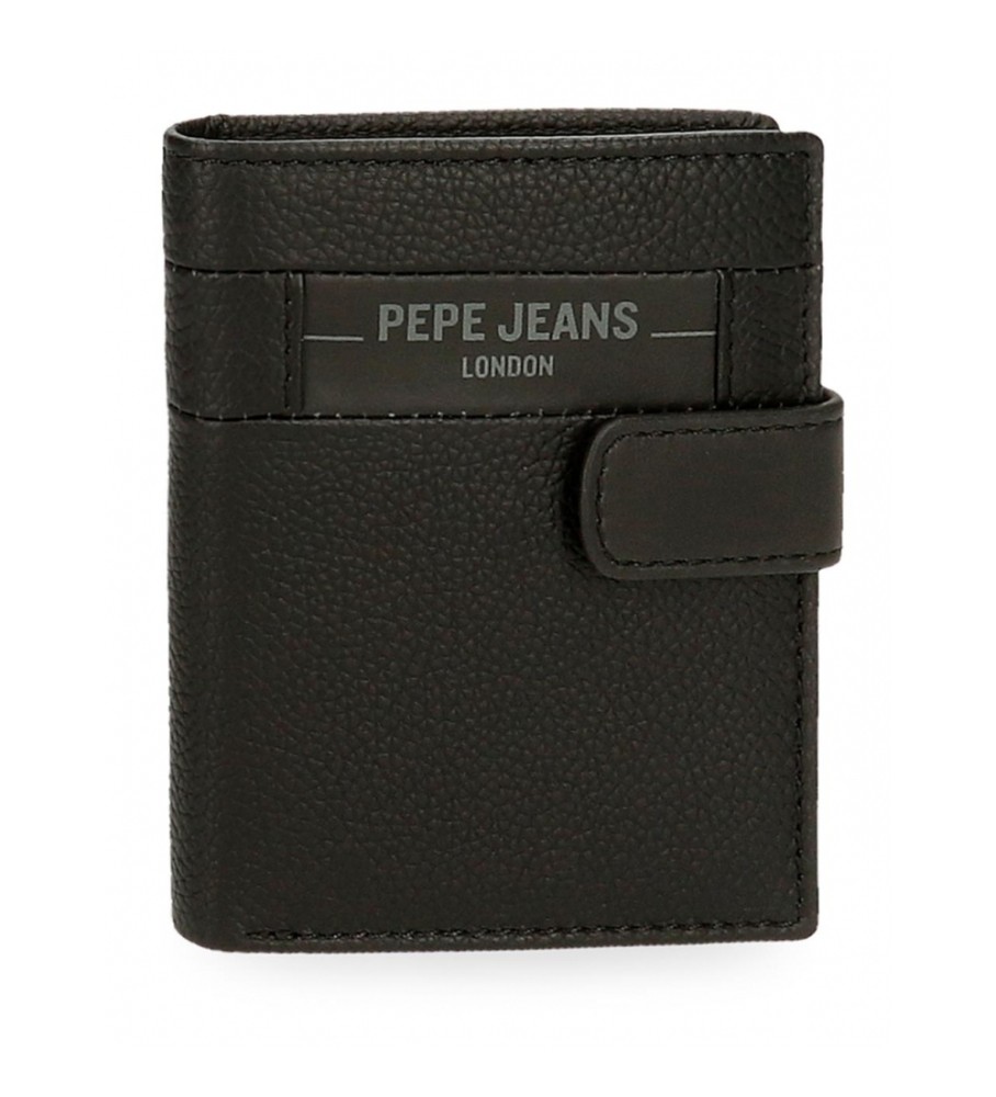 Carteira Pepe Jeans Checkbox em couro com fecho de clique, preta.