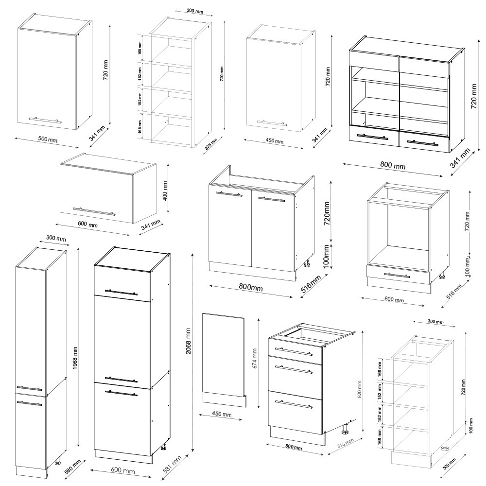 Vicco Küchenzeile Küchenblock Einbauküche Fame-Line Eiche Schwarz 355 cm modern Hochglanz Küchenschränke Küchenmöbel