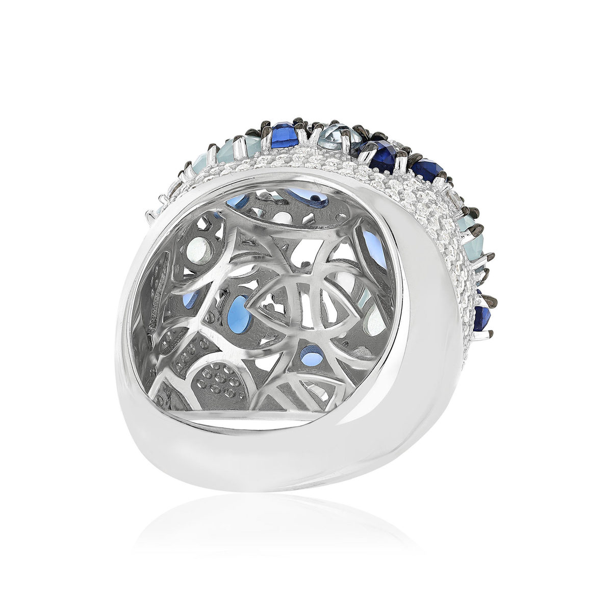 Bague argent 925 et ruthénium noir, pierres imitations bleues zirconias