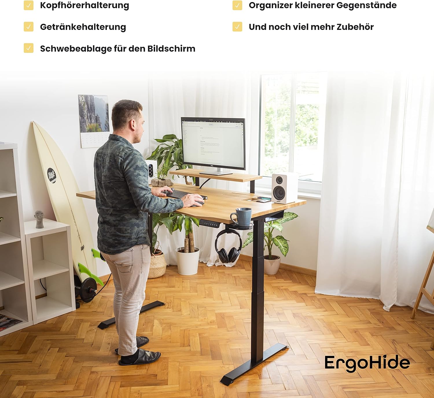 ErgoHide® Höhenverstellbarer Schreibtisch aus Massivholz mit erweitertem Kabelmanagement/Kabelkanal (Eiche, Schwarz, Ergonomisch, 150x80cm)