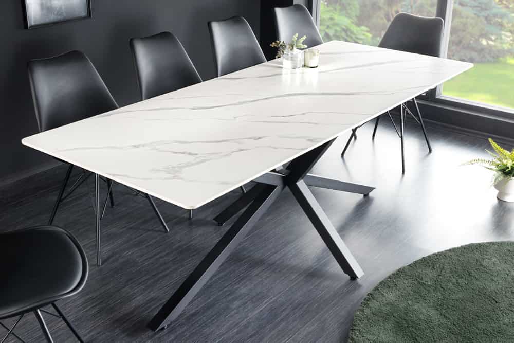 Moderner Esstisch GALAXIE 160cm weiß Keramik Marmor-Design glänzend Metallgestell schwarz