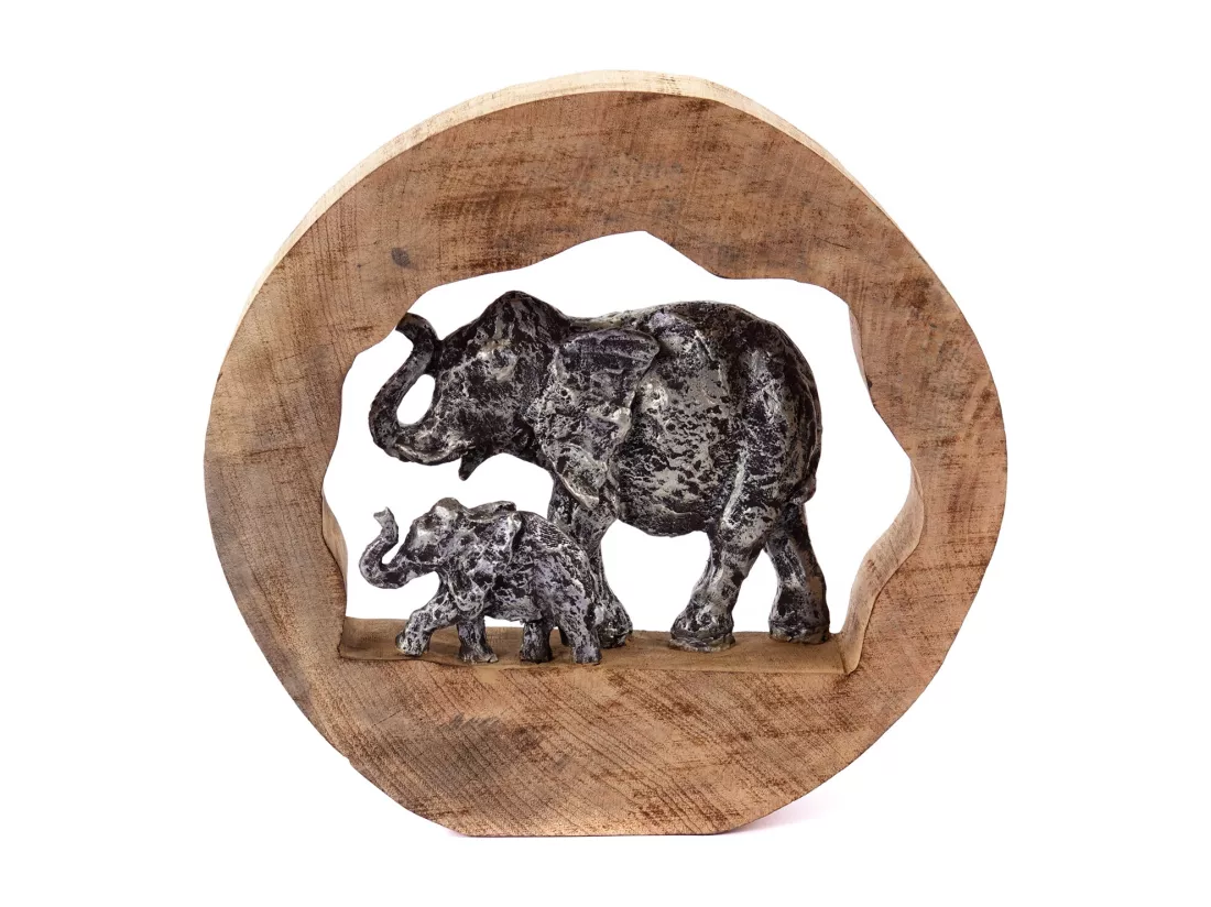 SCULPTURE Éléphants de journal Bois de mangue, aluminium argent-nature