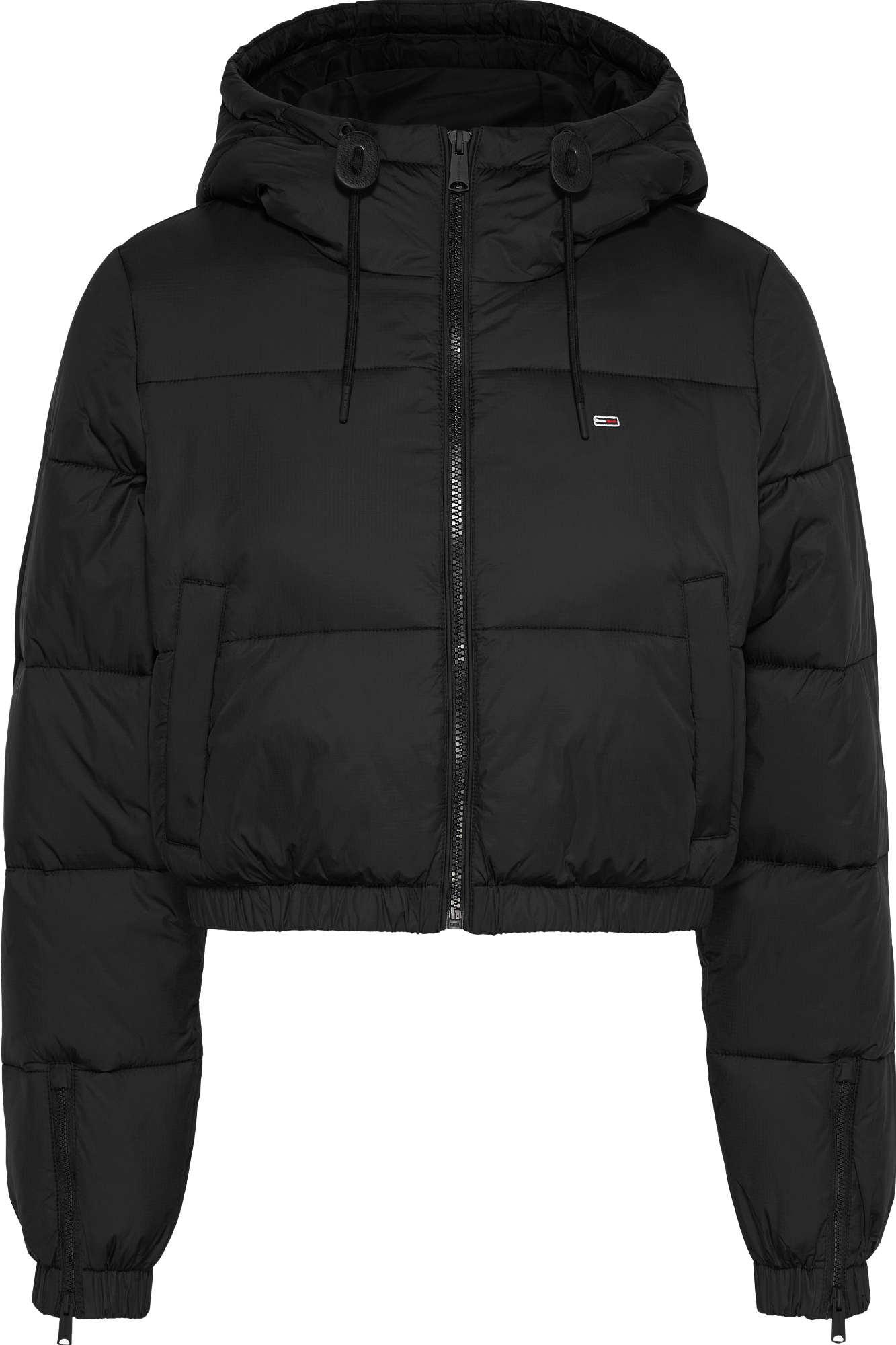 Jaqueta feminina longa cropped de plumas da Tommy Jeans.