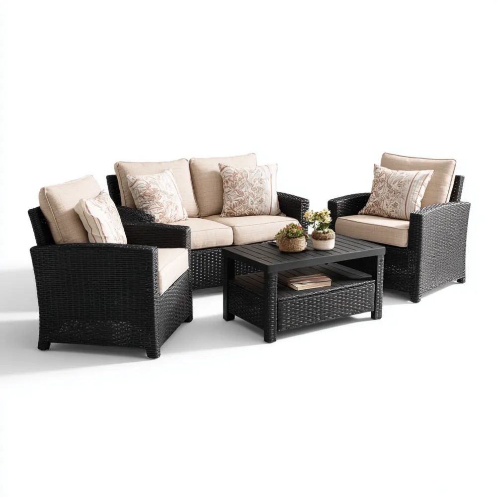 Garten-Sofaset Rattanoptik 160x75x80 cm Beige/Schwarz – für Terrasse u