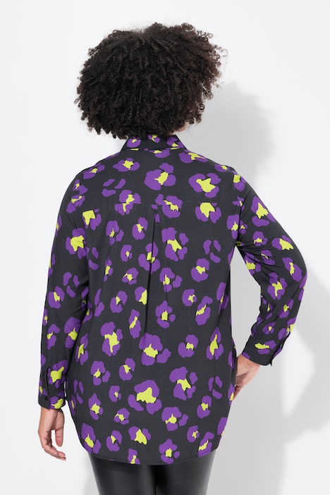 Bluse, A-Linie, farbiges Leomuster, Langarm