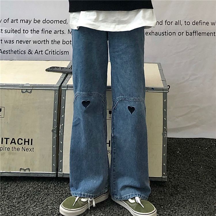 INStudio - Wijde jeans met hoge taille en hartborduursel