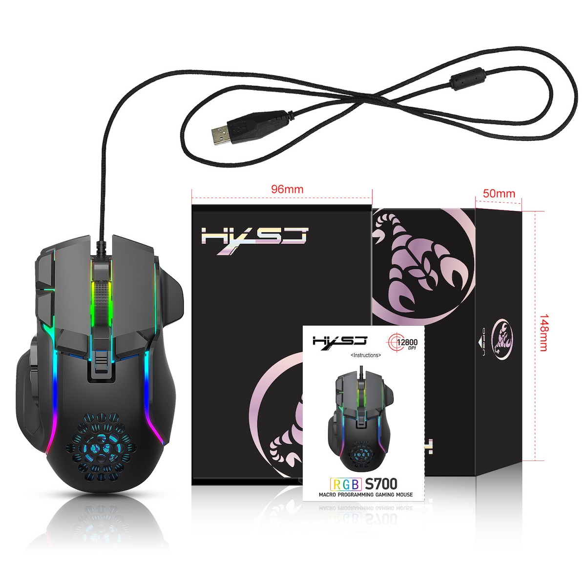Lett kablet gamingmus med 13 RGB-belysning, 6 justerbare DPI