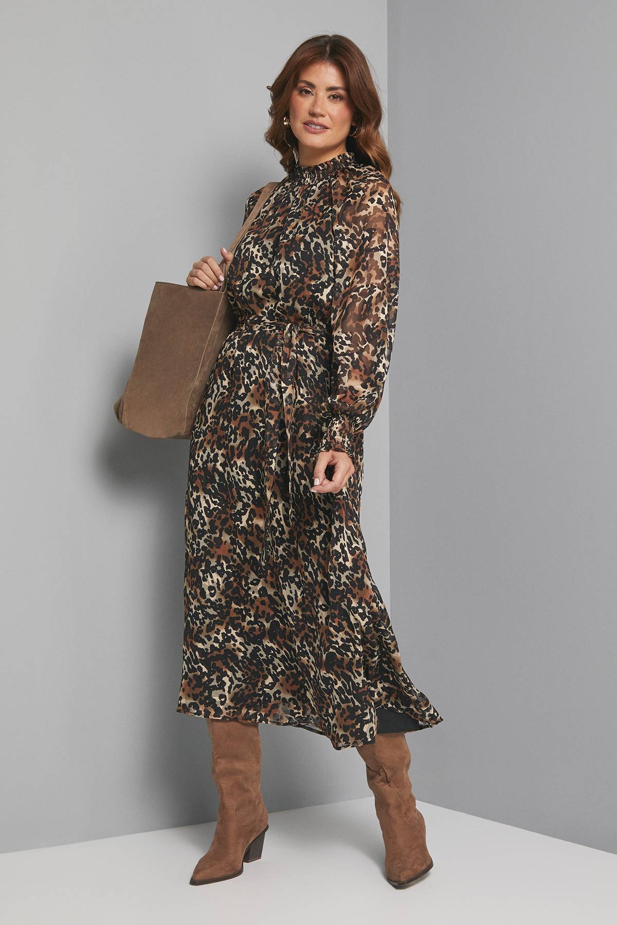 Wallis Robe Midaxi Froncée à Motif Léopard Brun Dévoré