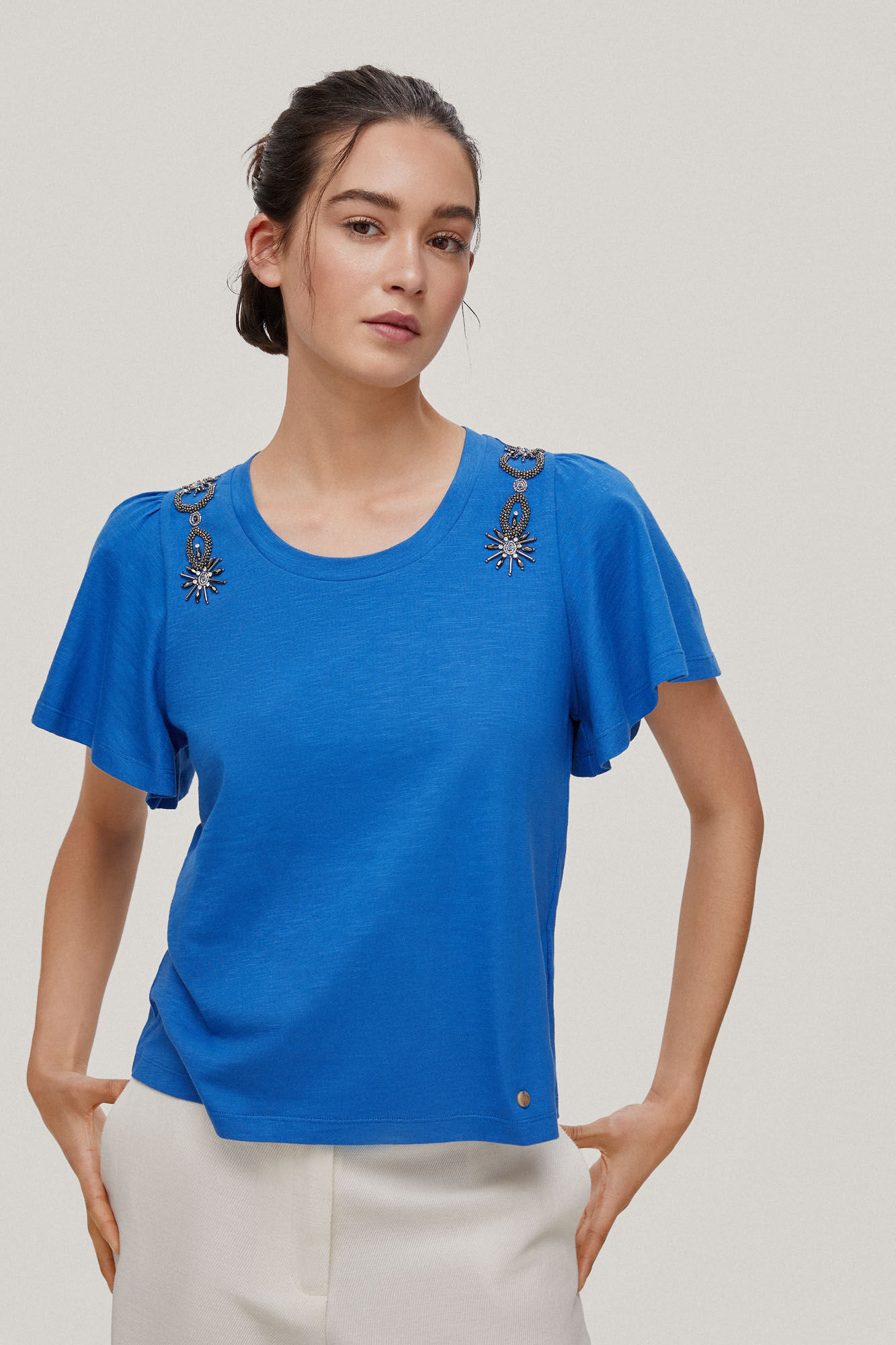 Camiseta de manga curta com strass - Turquesa