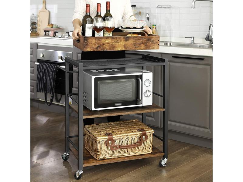 VASAGLE Bartrolley mit Tablett 65 x 86 cm, Braun/Schwarz Servierwagen auf Rollen