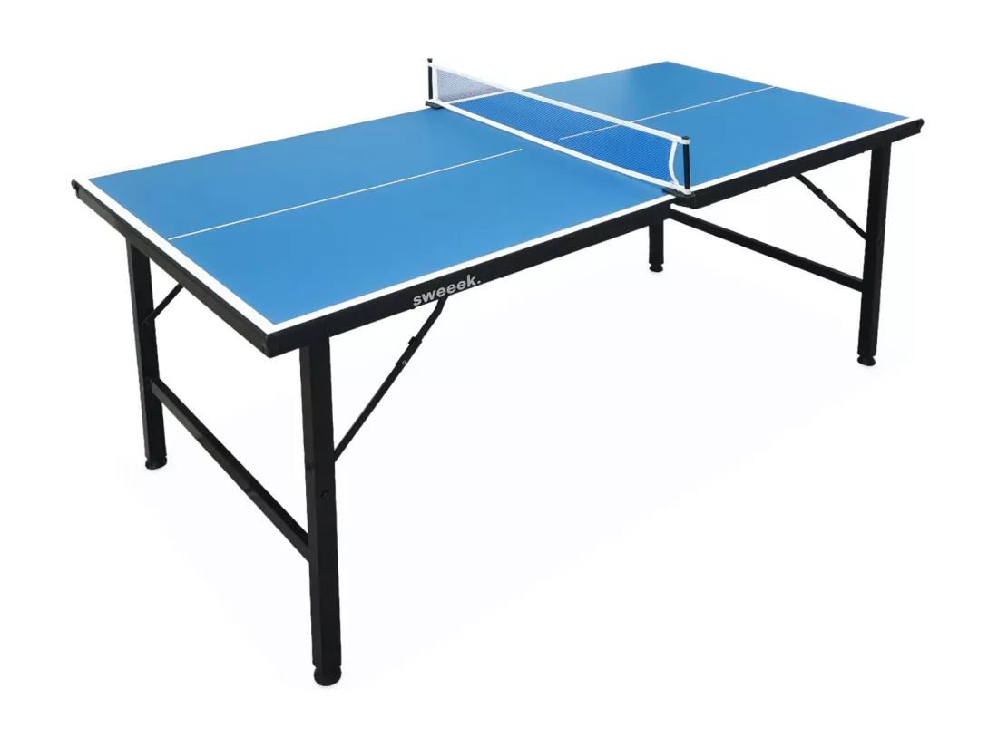 Mini table de ping pong 150x75cm - table pliable INDOOR bleue. avec 4 raquettes et 6 balles. valise de jeu pour utilisation intérieure. sport tennis de table