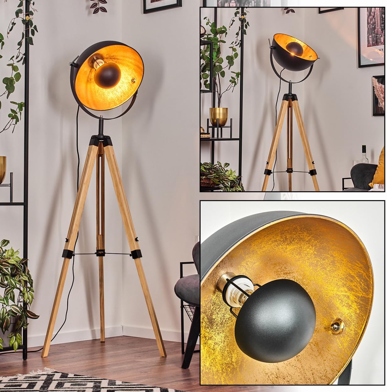 HOFSTEIN Stehleuchte Jupiter, Stehlampe aus Holz/Metall in Naturfarben/Schwarz/Goldfarben, Leuchte im Boho-Style, Höhe 167 cm, Ø 40 cm, Fußschalter - Wohnzimmer, Schlafzimmer, Esszimmer, Flur, Büro
