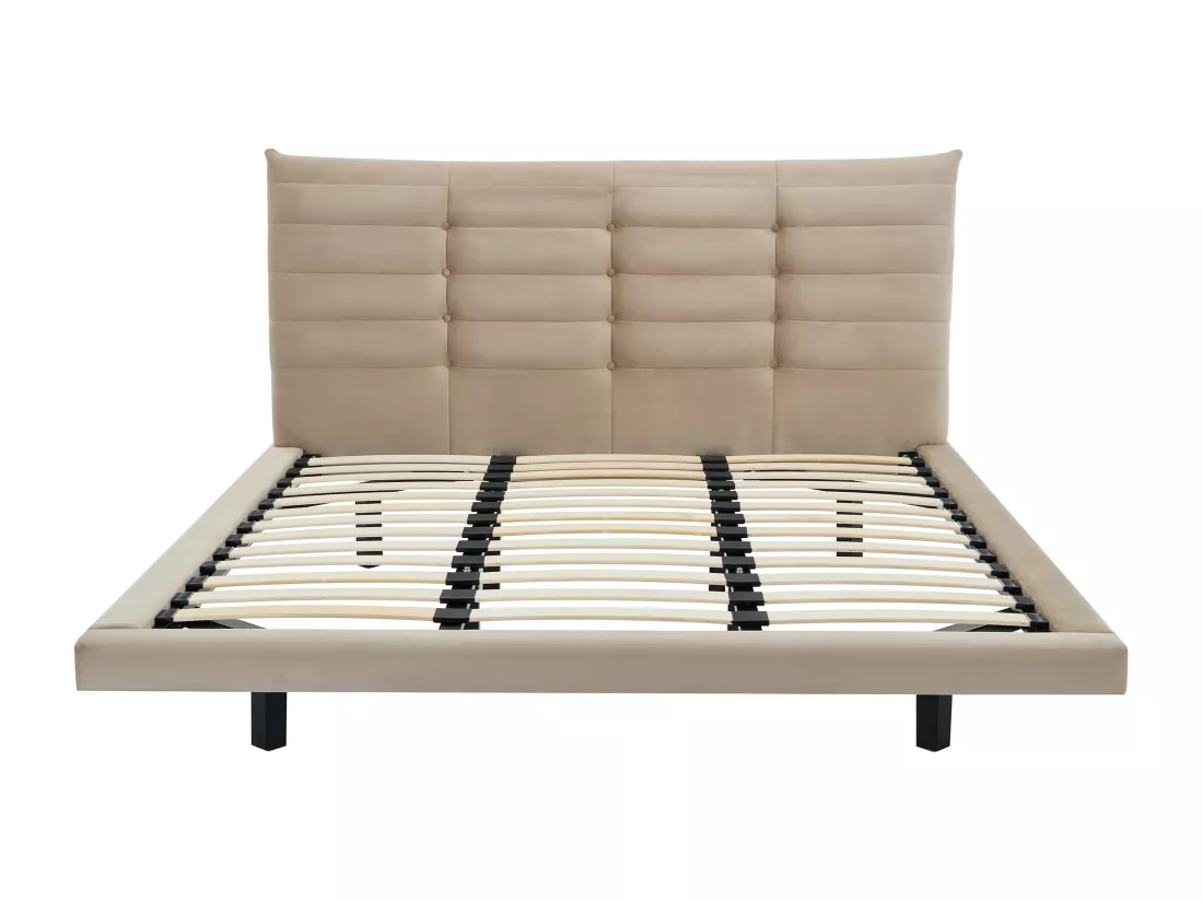 Lit 160 x 200 cm avec tête de lit capitonnée - Velours - Beige - NISATIO