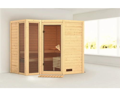 Karibu Tamara modulaire sauna zonder oven, met dakkroon en gebronsde volledig glazen deur