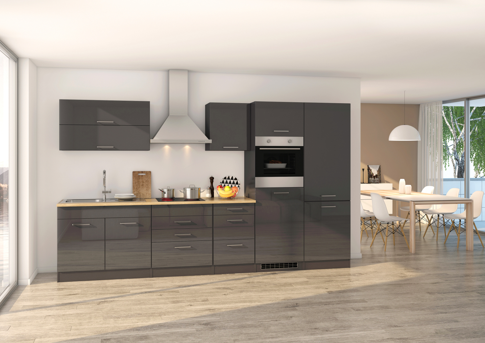 Küchenblock ROM - grau Hochglanz - mit E-Geräten - 350 cm