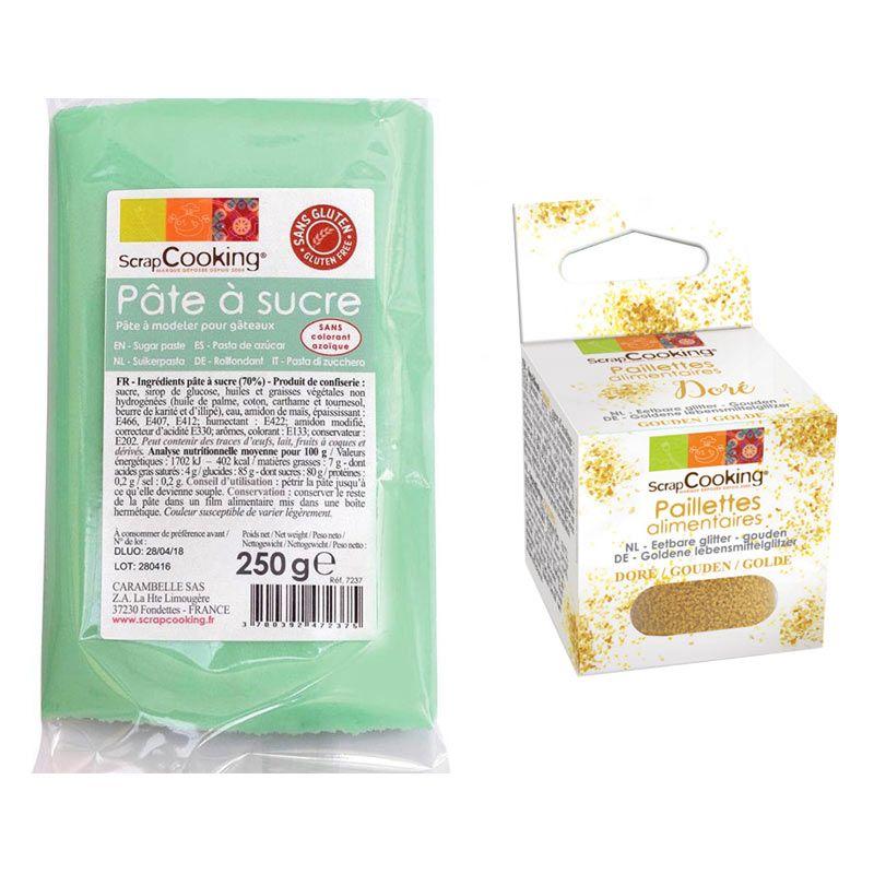 Pâte à sucre vert d'eau 250 g + paillettes dorées Scrapcooking