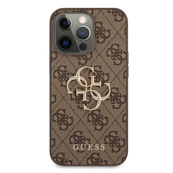 iPhone 13 Pro Leder Hardcase Hülle Metall Logo (GUHCP13L4GMGBR) - Braun / Gold