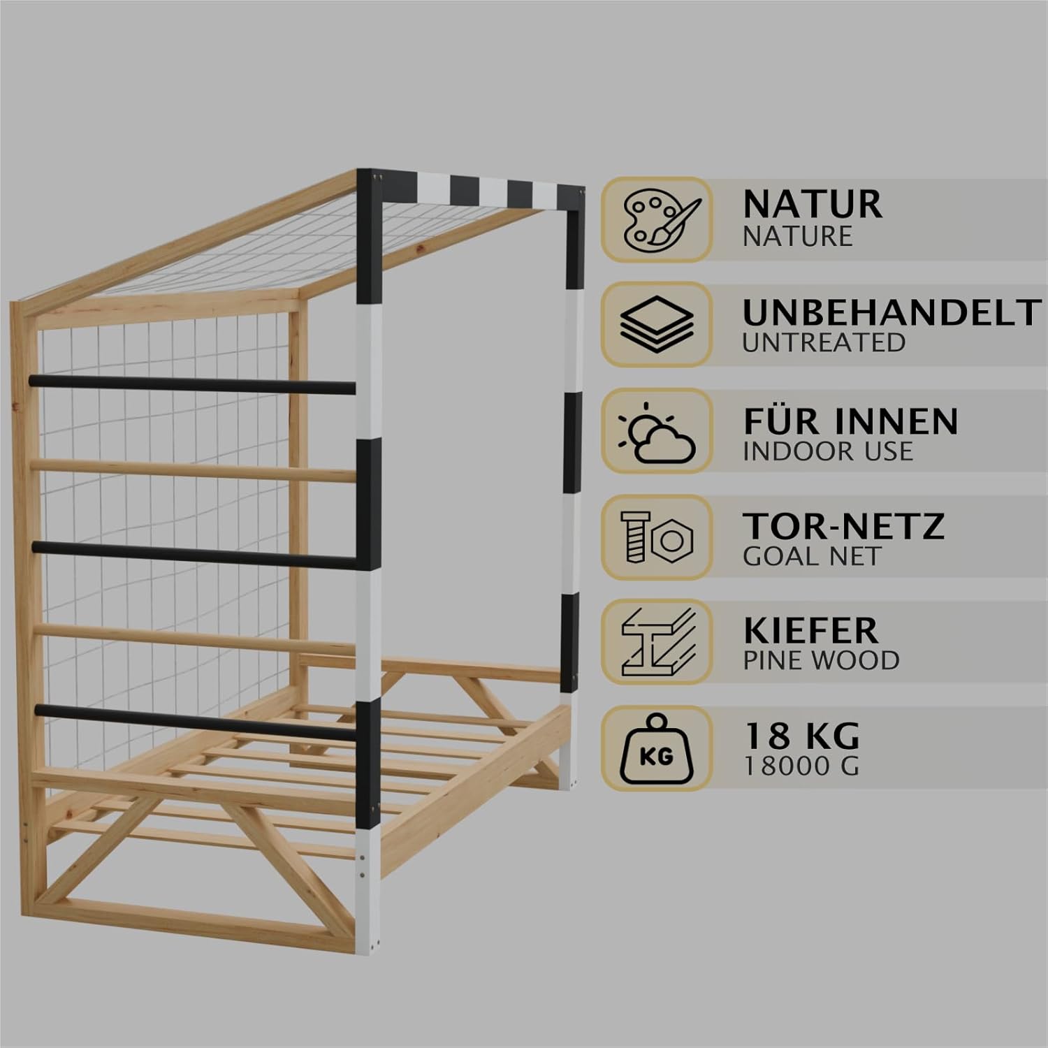 HAGO24 | Kinderbett Fußballtor | Kiefernholz | 70x140cm | Tornetz | Kletterstangen | Lattenrost | Holzrahmen | Kickerbett | Schwarz Weiß | Belastbar 80kg
