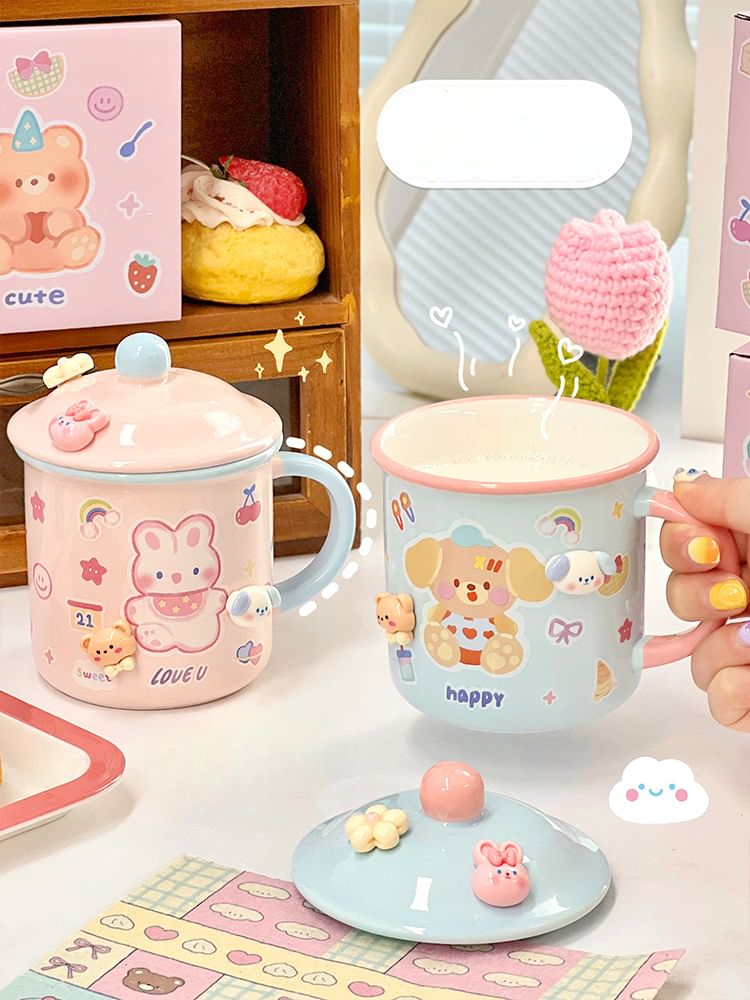 Yunikon - Dierlijke keramische drinkbeker met deksel / zelfklevende decoratie / set (verschillende ontwerpen)