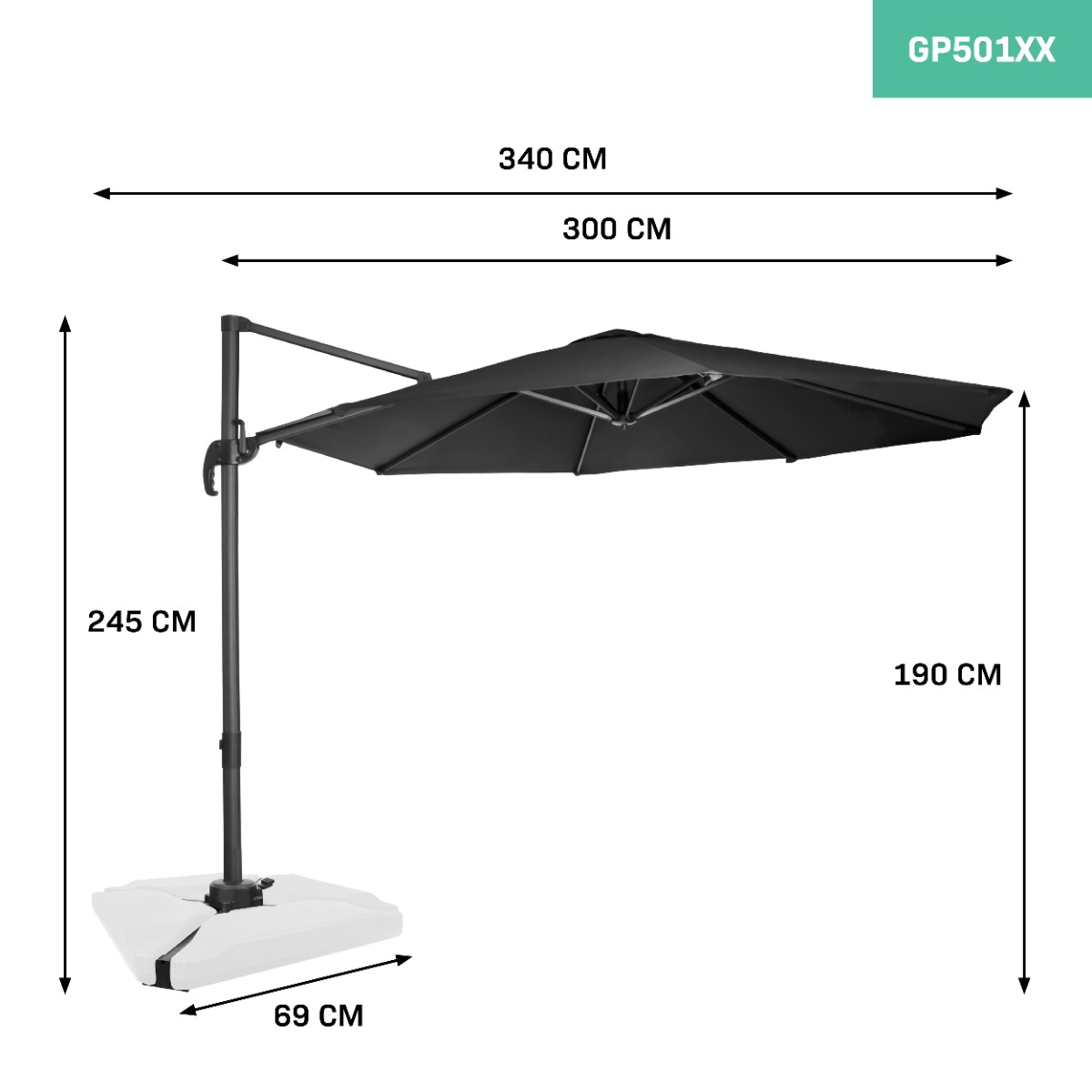 VONROC Bardolino Ø300 cm Premium zweefparasol - Anthracite