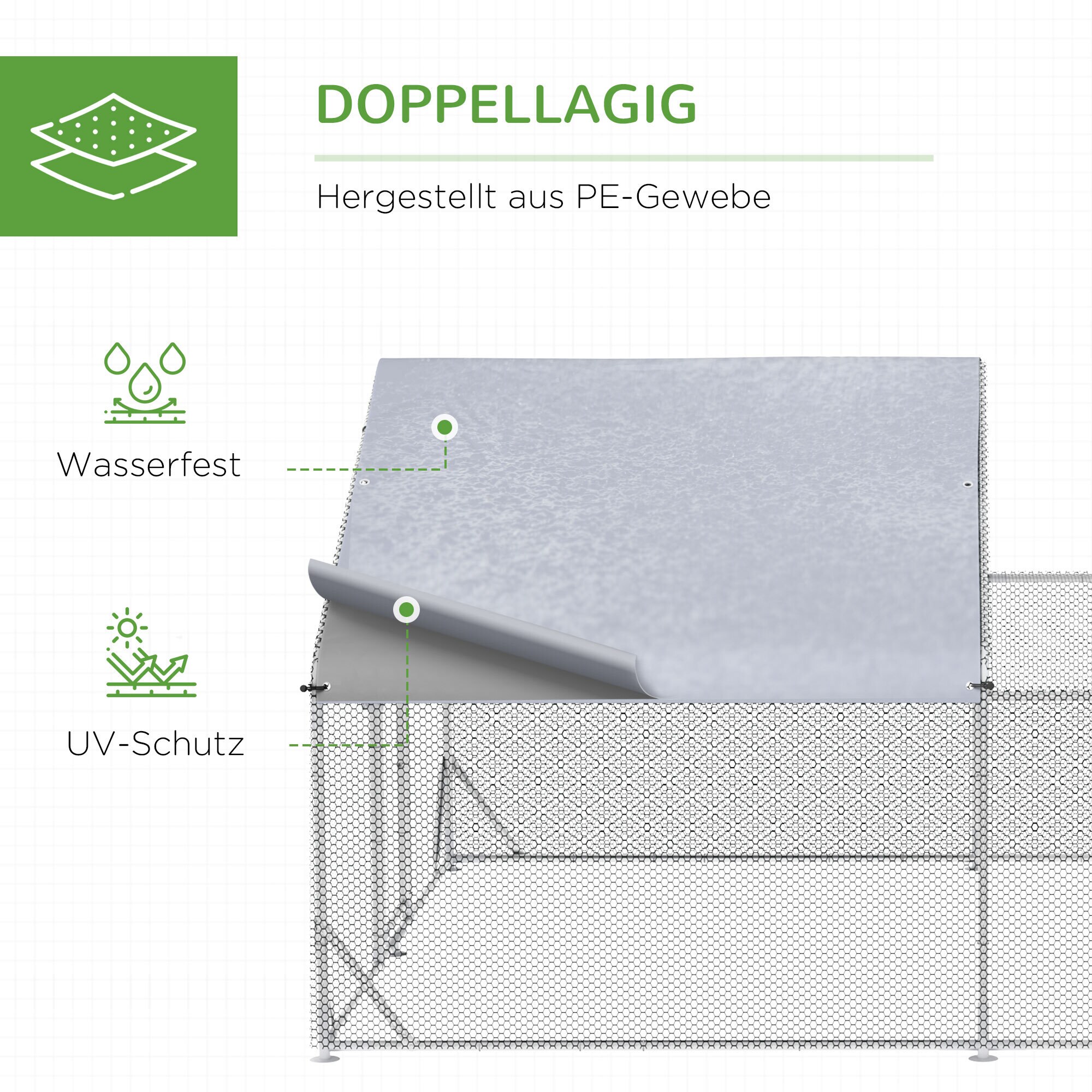 PawHut Zwerghühnerstall mit Sonnenschutzdach silber 400L x 300B x 195H cm