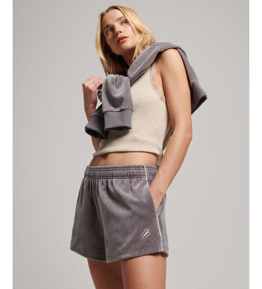Shorts de veludo com logo S da Superdry, cinza.