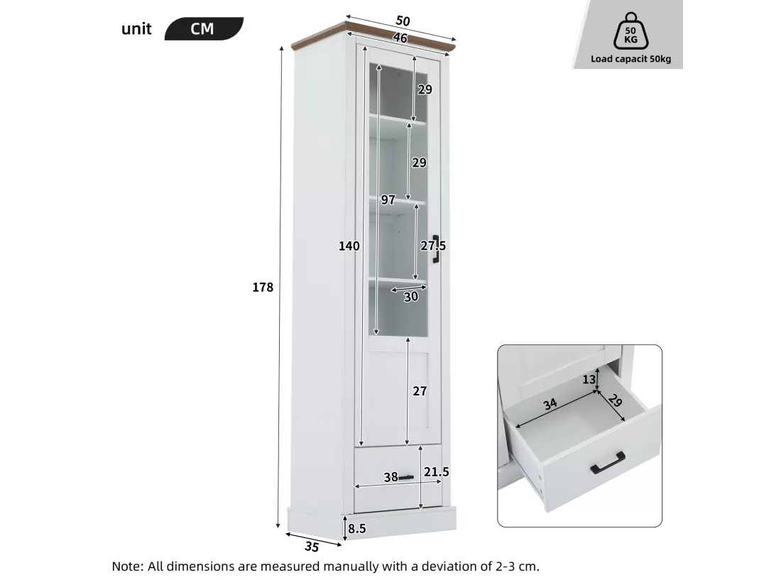 Vitrine LED moderne 50x35x178cm- avec éclairage LED - 1 - avec 1 tiroir - avec 1 porte vitrée - vitrine 5 compartiments - blanc