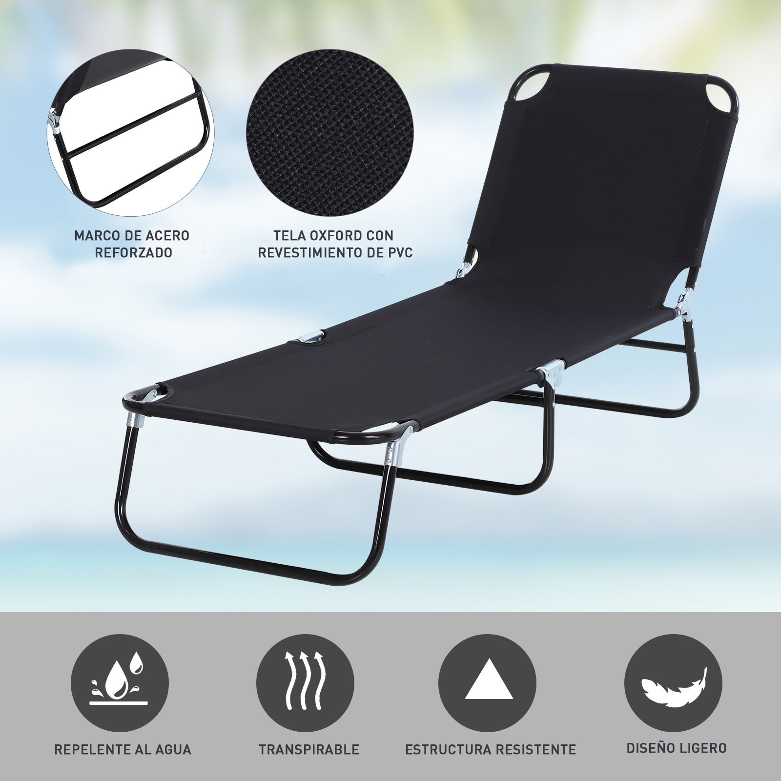 Espreguiçadeira dobrável e reclinável Outsunny com 5 ângulos ajustáveis para jardim, piscina, terraço e camping, capacidade de carga de 120 kg, 188 x 56 x 28 cm, preta.