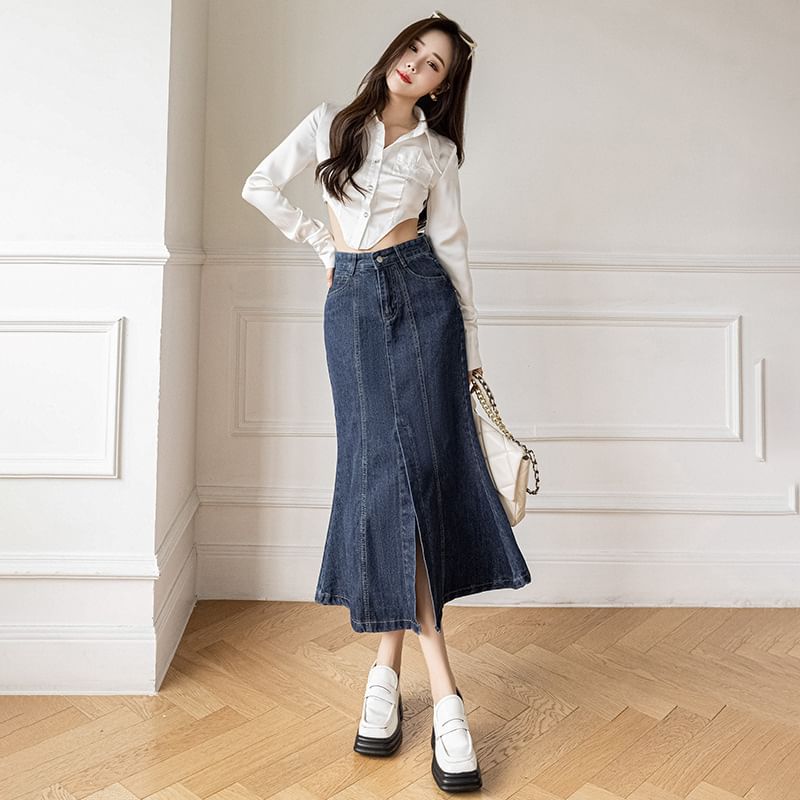 Cassidy - Midi-rok met hoge taille en split in gewassen denim