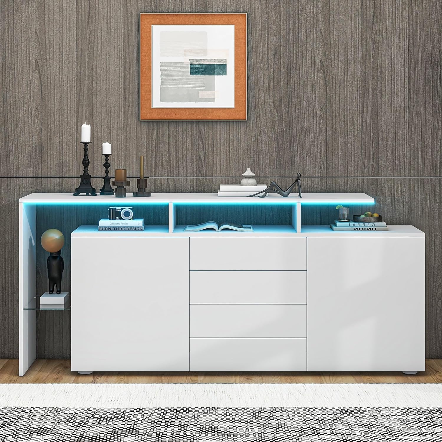 LANTRO JS Kommode Weiß Sideboard Wohnzimmer, Kommode 160 cm Breit, Highboard LED-Beleuchtung mit App Steurung, 70H x 160B x 35Tcm