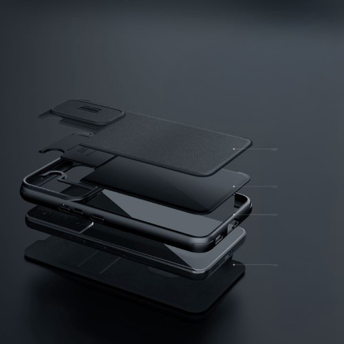 iPhone 14 Pro Leder Tasche Cam-Slider Kameraschutz - Schwarz