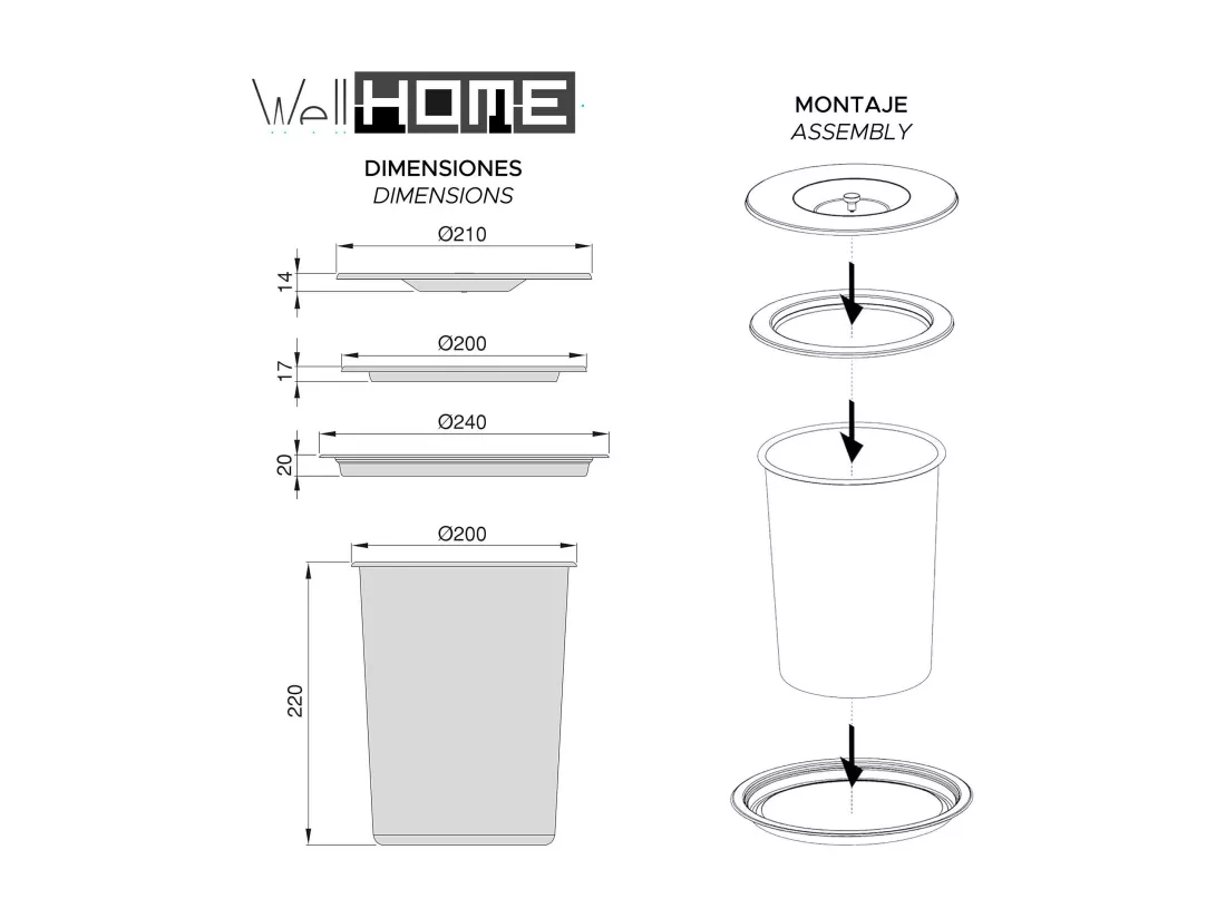 WELL HOME - Poubelle intégrée aux plans de travail, avec couvercle en inox 5L Bleu