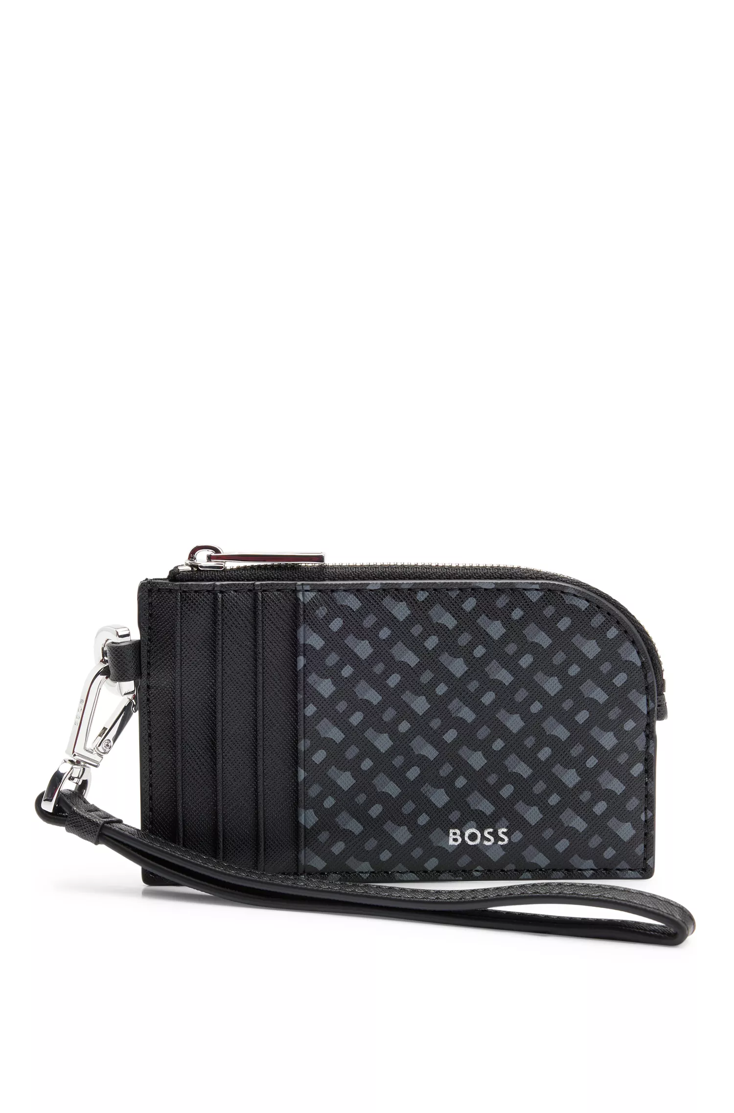 Porta-cartões BOSS preto com zíper e detalhes de monograma.