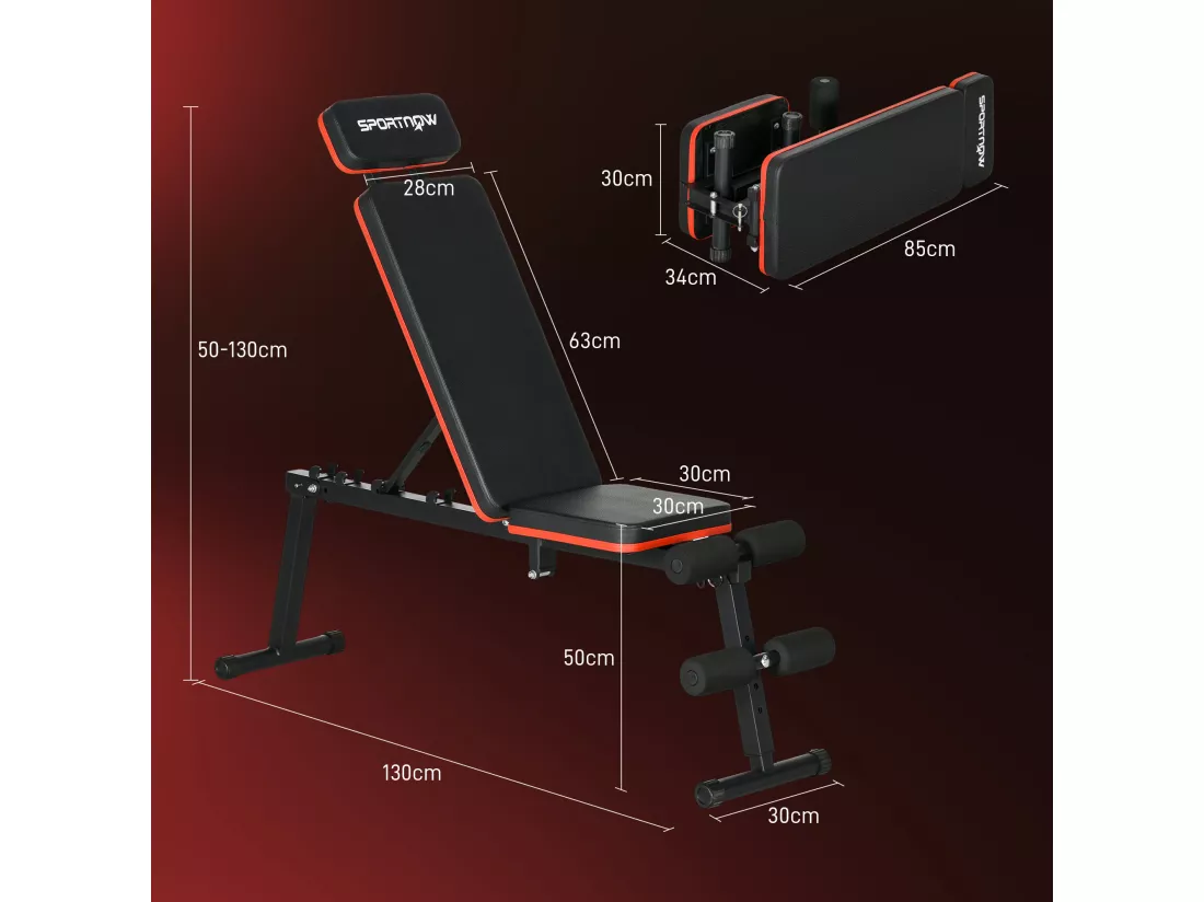 Banc de musculation pliable inclinable abdominaux - 4 coussins presse-jambes - acier PU rouge noir