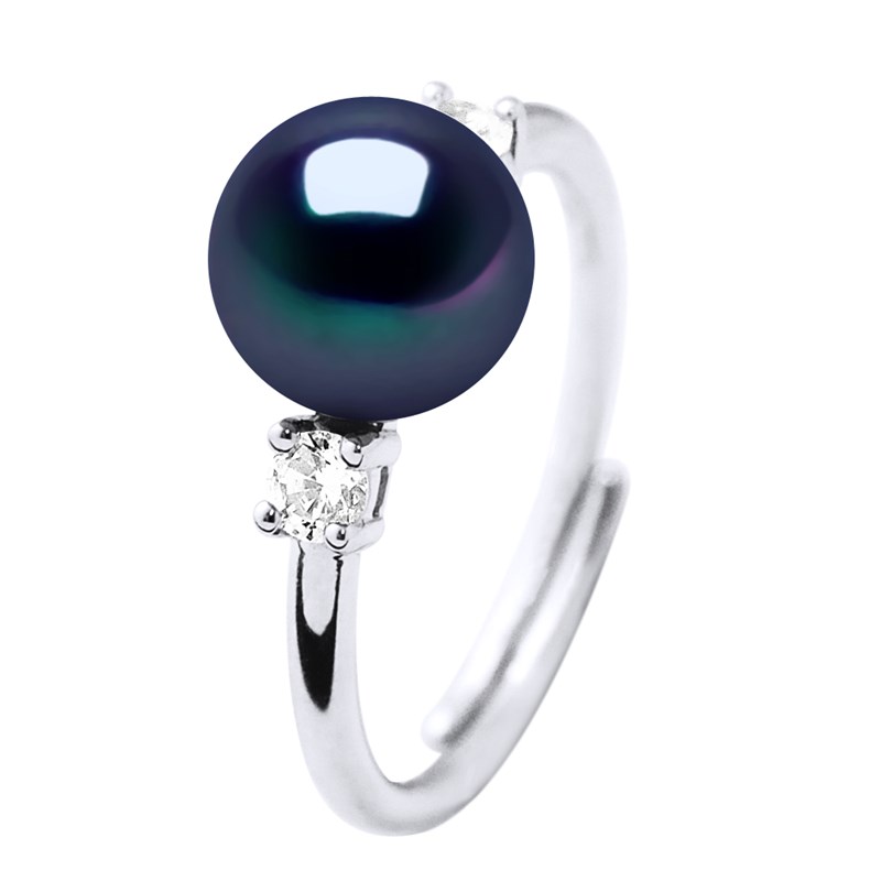 Bague Joaillerie Perle d'Eau Douce 7-8 mm Noire et Oxydes de Zirconium Argent 925