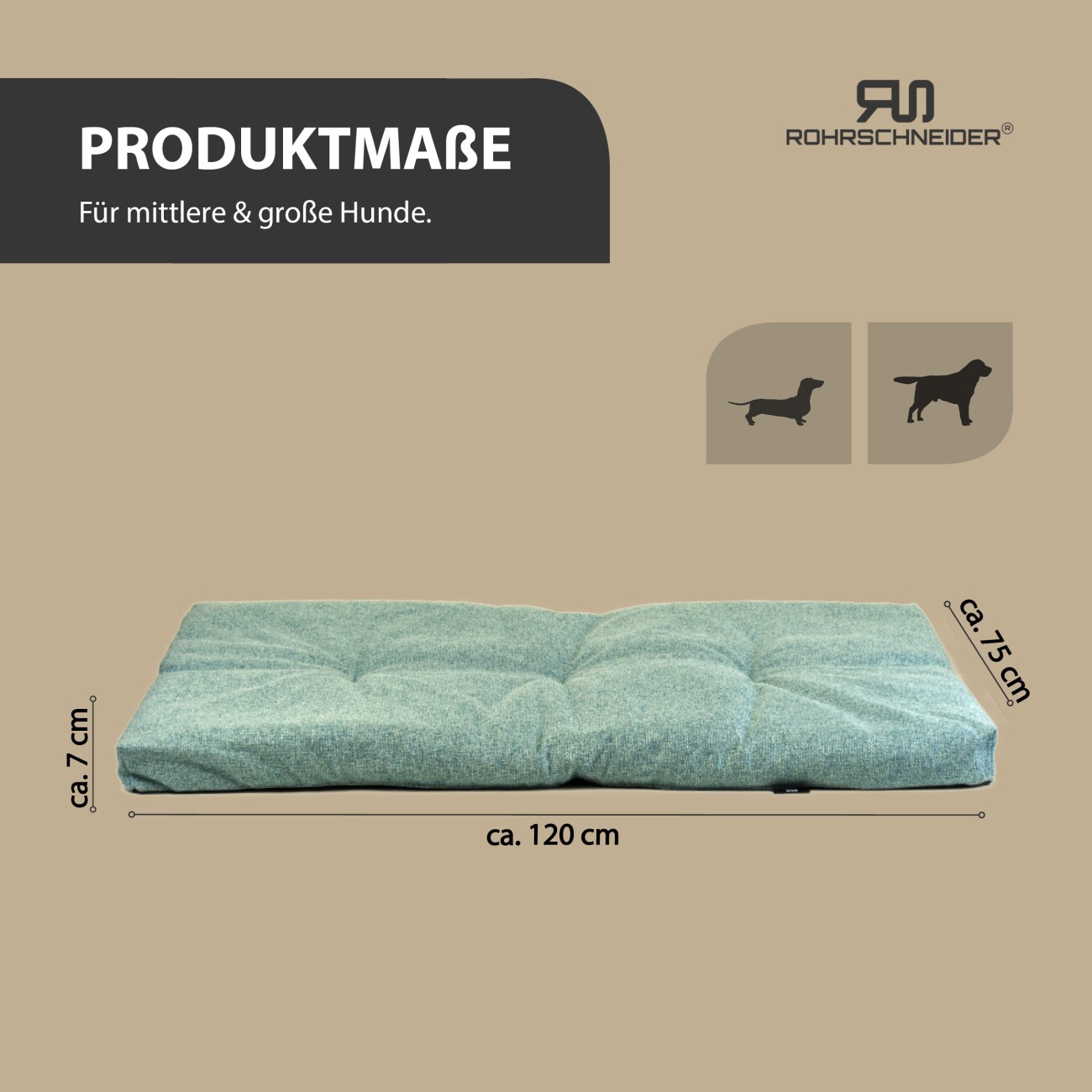 Rohrschneider ® Hundebett mit Anti-Rutsch-Boden, strapazierfähiges Kissen für Hunde und Katzen, B120 x T75 x H7 cm, inkl. Gratis-Wassernapf