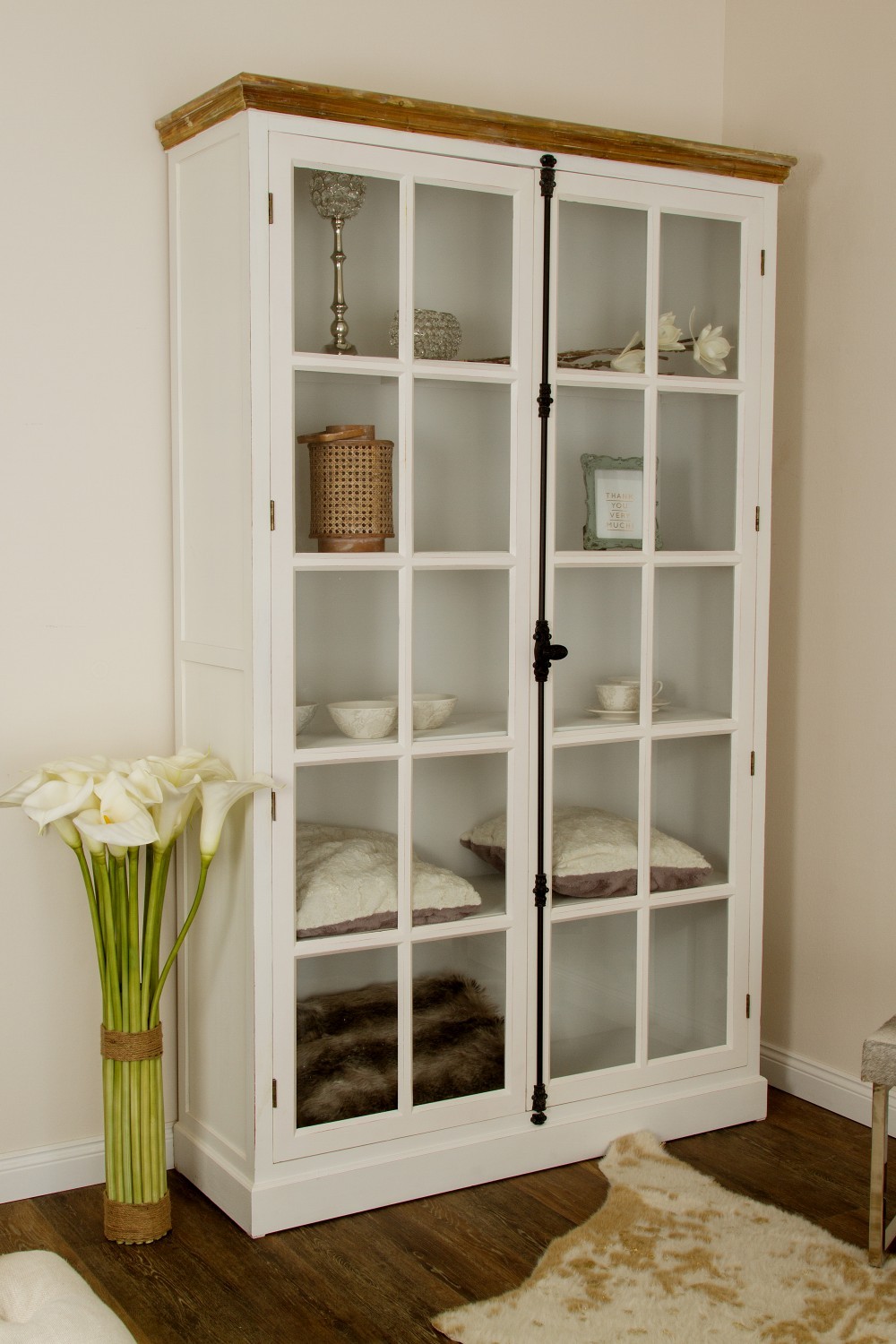 Vitrine FLORENCE - antik weiß - 2 Glastüren - 222 cm hoch