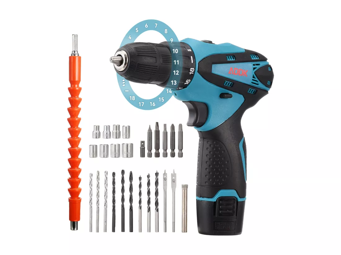 Perceuse Visseuse sans Fil avec lumière LED- 12V - 1*1.5Ah Batteries - 30 accessoires - moteur brossé - bleu