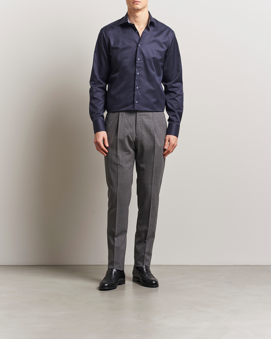 Stenströms Fitted Body Contrast Cotton Twill Shirt Navy